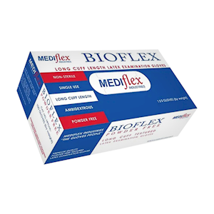 Bioflex Latex Examination Gloves, Powder Free, Long Cuff, 28cm, Extra Small, Cream Colour, 100 Pieces/Box, 1,000 Pieces/Carton