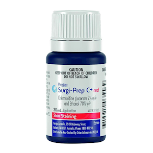 Perrigo Surgi-Prep® C+ Sanitiser, Hand Rub, Chlorhexidine Gluconate 2pct and Ethanol 70pct, 30ml, Red, Each Each