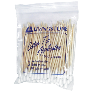 Livingstone Cotton Tip Applicator, Single Tipped, Biodegradable Wooden Stem, 7.5cm, 100 Pieces/Pack, 12 Packs/Bag Kit