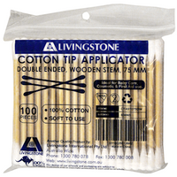 Livingstone Cotton Tip Applicator, Double Tipped, Biodegradable Wooden Stem, 7.5cm, 100 Pieces/Pack Pack