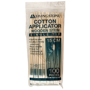 Livingstone Cotton Tip Applicator, Single Tipped, Biodegradable Wooden Stem, 15cm, 100 Pieces/Bag Bag