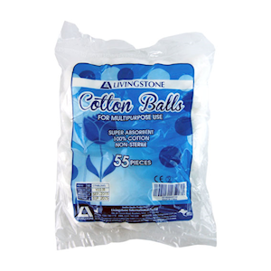 Livingstone Cotton Balls, 100pct Cotton, 0.6 Grams, Non-Sterile, White, 55/Bag Bag