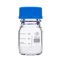 Lincon Lab Reagent Bottle, 100mL, 56 x 105(H) mm, GL45, Amber, Blue PP Cap and Outlet Ring, Borosilicate Glass, European, Each Each
