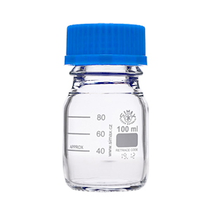 Lincon Lab Reagent Bottle, 100mL, 56 x 105(H) mm, GL45, Amber, Blue PP Cap and Outlet Ring, Borosilicate Glass, European, Each Each