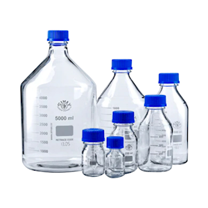 Lincon Lab Reagent Bottle, 100mL, 56 x 105(H) mm, GL45, Amber, Blue PP Cap and Outlet Ring, Borosilicate Glass, European, Each Each