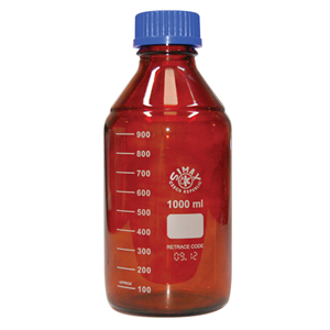 Lincon Lab Reagent Bottle, 100mL, 56 x 105(H) mm, GL45, Amber, Blue PP Cap and Outlet Ring, Borosilicate Glass, European, Each Each