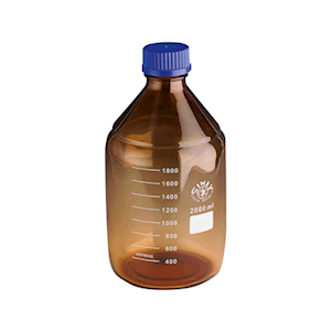 Lincon Lab Reagent Bottle, 100mL, 56 x 105(H) mm, GL45, Amber, Blue PP Cap and Outlet Ring, Borosilicate Glass, European, Each Each