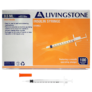 Livingstone Insulin Syringes, 0.3ml, with White Plunger, with Needle 31 Gauge x 0.32 Inch, 8mm, Sterile, 100 Pieces/Box Box