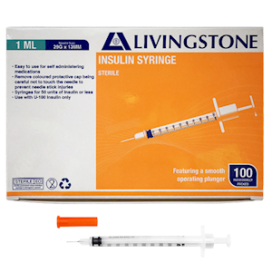 Livingstone Insulin Syringes, 0.3ml, with White Plunger, with Needle 31 Gauge x 0.32 Inch, 8mm, Sterile, 100 Pieces/Box Box