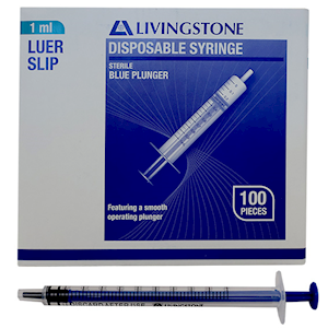 Livingstone Syringe, 1ml, Luer Slip Tip, Tuberculin, Blue Plunger, Latex Free, Hypoallergenic, Sterile, 100/Box Box