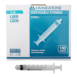 Livingstone Syringe, 3ml, Luer Lock Tip, Latex Free, Hypoallergenic, Sterile, 100/Box Box