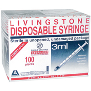 Livingstone Syringe, 3ml, Luer Lock Tip, Latex Free, Hypoallergenic, Non-Sterile, Loose Each