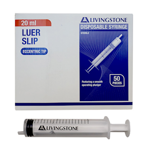 Livingstone Syringe, 10ml, Luer Slip Tip, Eccentric Off Centre Nozzle, Latex Free, Hypoallergenic, Non-Sterile, Loose Each