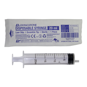 Livingstone Syringe, 20ml, Luer Slip Tip, Eccentric Off Centre Nozzle, Latex Free, Hypoallergenic, Sterile, 50/Box Box