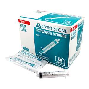 Livingstone Syringe, 20ml, Luer Lock Tip, Latex Free, Hypoallergenic, Sterile, 50/Box