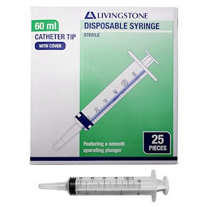Livingstone Syringe, 50ml, Catheter Tip with Cap, Latex Free, Hypoallergenic, Sterile, 60/Box Box