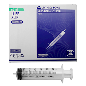 Livingstone Syringe, 10ml, Luer Slip Tip, Eccentric Off Centre Nozzle, Latex Free, Hypoallergenic, Non-Sterile, Loose Each