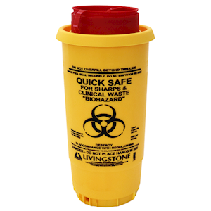 Livingstone Needles Sharps Waste Collector, 2 Litres, with Clip Lid and Finger Guard, Square, Recyclable Plastic, Yellow, Each Each