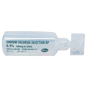Out of Date, Pfizer Sodium Chloride For Injection BP 0.9pct, 180mg in 20mL, Each, Unopened Condition Price Discounted, While Stocks last Each