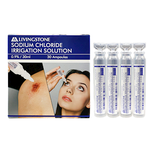 Livingstone Saline 0.9 Percent Sodium Chloride Eyewash and Irrigation Solution, 30ml Ampoule, Sterile, 30/Box Box