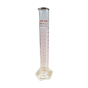 Measuring Mixing Cylinder w/ Hexagonal Base and Plastic Stopper, Class A, 250mL, SJ 24/29, Brown Stain Grad, Boro Glass, European, Each