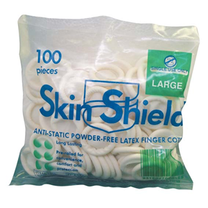 Skin Shield Latex Finger Cots, Powder Free, Antistatic, Large, 100/Bag Bag