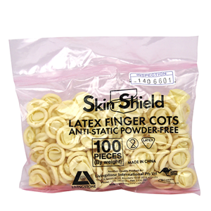Skin Shield Latex Finger Cots, Powder Free, Antistatic, Small, 100/Bag Bag