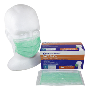 Livingstone Face Mask, Level 1 Barrier, 3-Ply, Ear Loop, Green, Non-Therapeutic, No Latex, No Fibreglass, Hygienic Single Pack, 50/Box Box