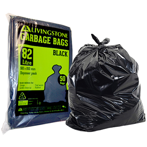 Livingstone Garbage Bag Bin Liner, Recyclable, 120 Litres, 110 x 95cm, 25 Microns, Heavy Duty, HDPE, Star Seal, Black, 25/Pack Pack