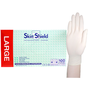 Universal Skin Shield Latex Examination Gloves Powder Free AS/NZ Biodegradable Polymer Coated Textured HACCP Large Cream 100/Box Box