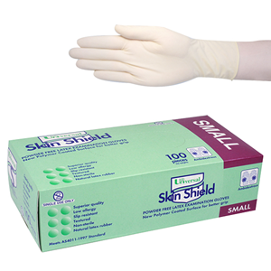 Universal Skin Shield Latex Examination Gloves Powder Free AS/NZ Biodegradable Polymer Coated Textured HACCP Large Cream 100/Box Box