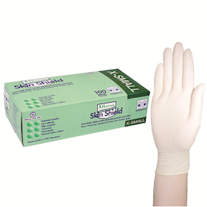 Universal Skin Shield Latex Examination Gloves Powder Free AS/NZ Biodegradable Polymer Coated Textured HACCP Large Cream 100/Box Box