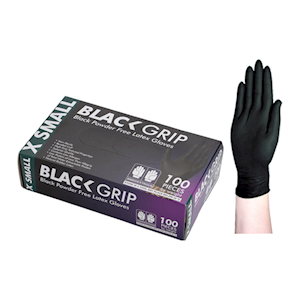Black Grip Thick Heavy Duty Latex Gloves, Textured Polymer Coated, Tactile Grip, Powder Free, Extra Small, Black, 100/Box