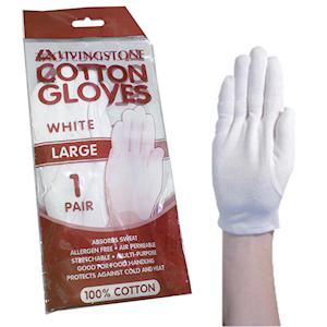 Livingstone Cotton Gloves, Latex Free, Large, White, In Retail Pack, Each Pair Pair