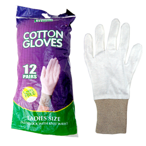 Universal Choice Cotton Gloves Interlock with Knitted Wrist Cuff, Women's Size, Medium, 12 Pairs/Bag Bag