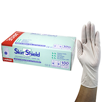 Skin Shield Latex Examination Gloves, Powder Free, AS/NZ, Biodegradable, Polymer Coated, Textured, HACCP, Large, Cream, 100/Box Box