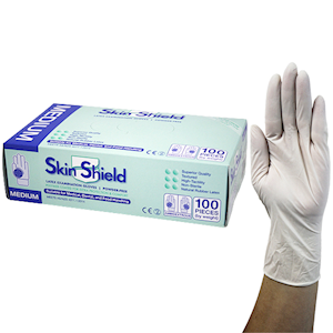 Skin Shield Latex Examination Gloves, Powder Free, AS/NZ, Biodegradable, Polymer Coated, Textured, HACCP, Large, Cream, 100/Box Box