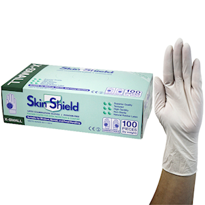Skin Shield Latex Examination Gloves, Powder Free, AS/NZ, Biodegradable, Polymer Coated, Textured, HACCP, Large, Cream, 100/Box Box