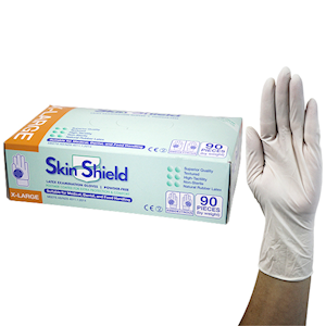 Skin Shield Latex Examination Gloves, Powder Free, AS/NZ, Biodegradable, Polymer Coated, Textured, HACCP, Large, Cream, 100/Box Box