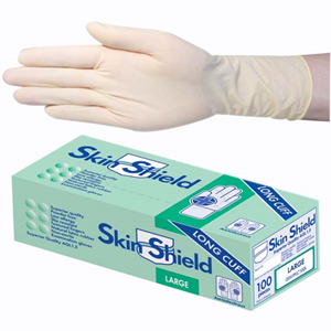 Skin Shield Biodegradable Latex Examination Gloves, AS NZ Standard, Powder Free, Long Cuff, 30cm, Large, Cream Colour, 100/Box Box