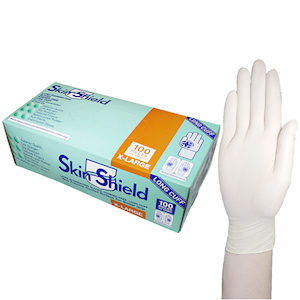 Skin Shield Biodegradable Latex Examination Gloves, AS NZ Standard, Powder Free, Long Cuff, 30cm, Large, Cream Colour, 100/Box Box