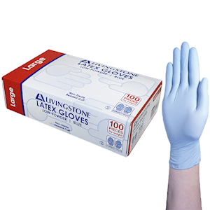 Livingstone Biodegradable Latex Examination Gloves, ASTM, Low Powder, Large, Blue Colour, 100/Box