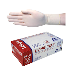 Livingstone Premium Biodegradable Latex Examination Gloves, AS NZ Standard, Low Powder, Large, Cream Colour, 100/Box