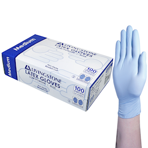 Livingstone Biodegradable Latex Examination Gloves, ASTM, Low Powder, Medium, Blue Colour, 100/Box