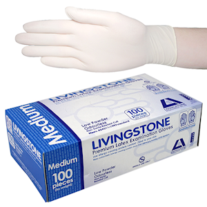 Livingstone Premium Biodegradable Latex Examination Gloves, AS NZ Standard, Low Powder, Medium, Cream Colour, 100/Box