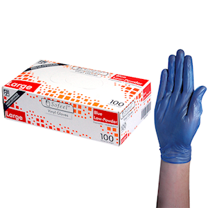 Sofeel Vinyl Gloves, Recyclable, 5.0g, Low Powder, Large, Blue, HACCP Grade, 100/Box Box