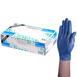 Sofeel Vinyl Gloves, Recyclable, 5.0g, Low Powder, Large, Blue, HACCP Grade, 100/Box Box