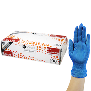 Sofeel Vinyl Gloves, Recyclable, 5.0g, Powder Free, Large, Blue, HACCP Grade, 100/Box Box.