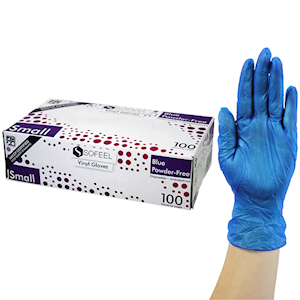 Sofeel Vinyl Gloves, Recyclable, 5.0g, Powder Free, Large, Blue, HACCP Grade, 100/Box Box.