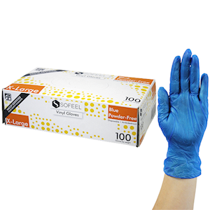 Sofeel Vinyl Gloves, Recyclable, 5.0g, Powder Free, Large, Blue, HACCP Grade, 100/Box Box.